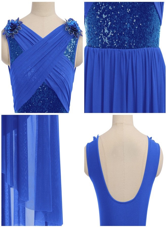 AFAVOM Women's Lyrical Dance Costume Sleeveless V-Neck Sequin Flower Lyrical Dance Dress Asymmetric Flowy Mesh Tulle Skirt Contemporary Dance Costumes Ballet Leotard Dancewear Royal Blue S - Image 5